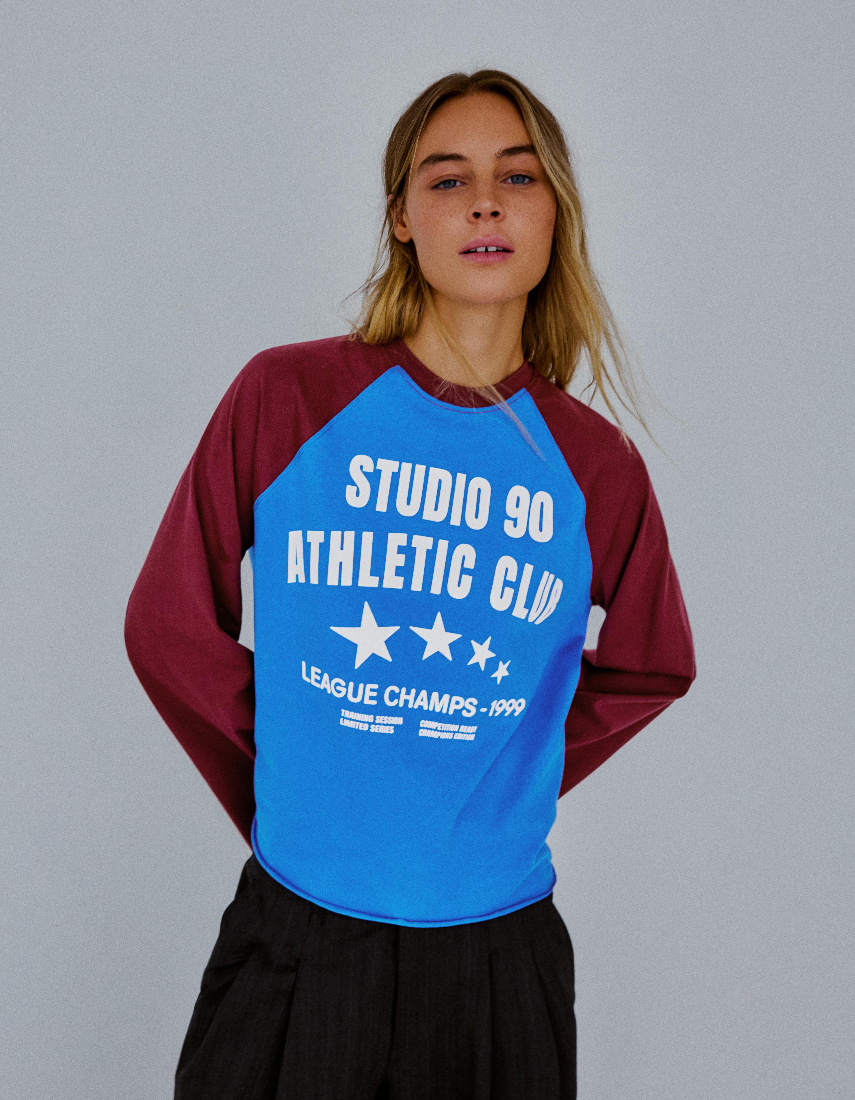 Long-sleeve contrast print raglan T-shirt — Blue