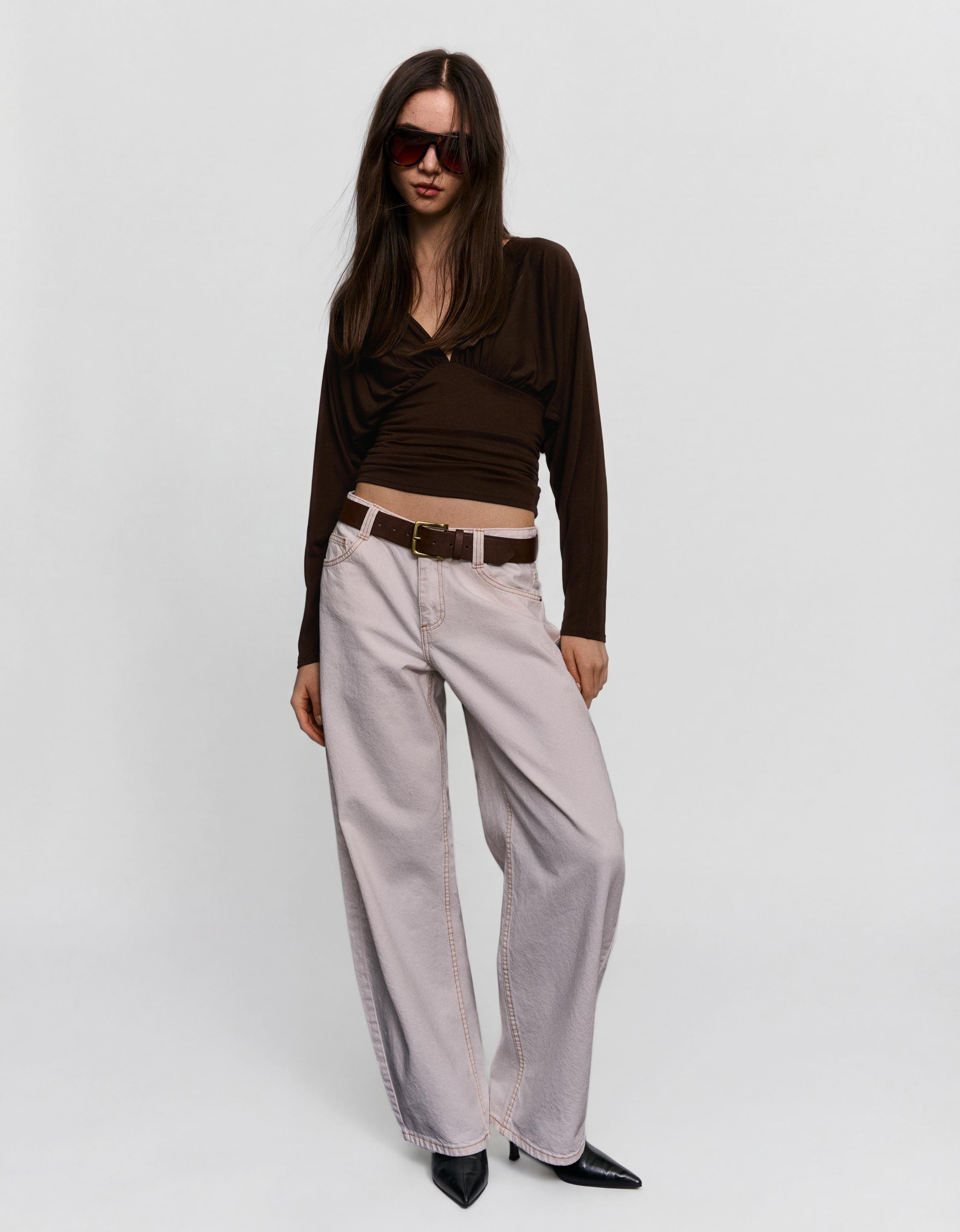 Long-sleeve ruched T-shirt — Brown