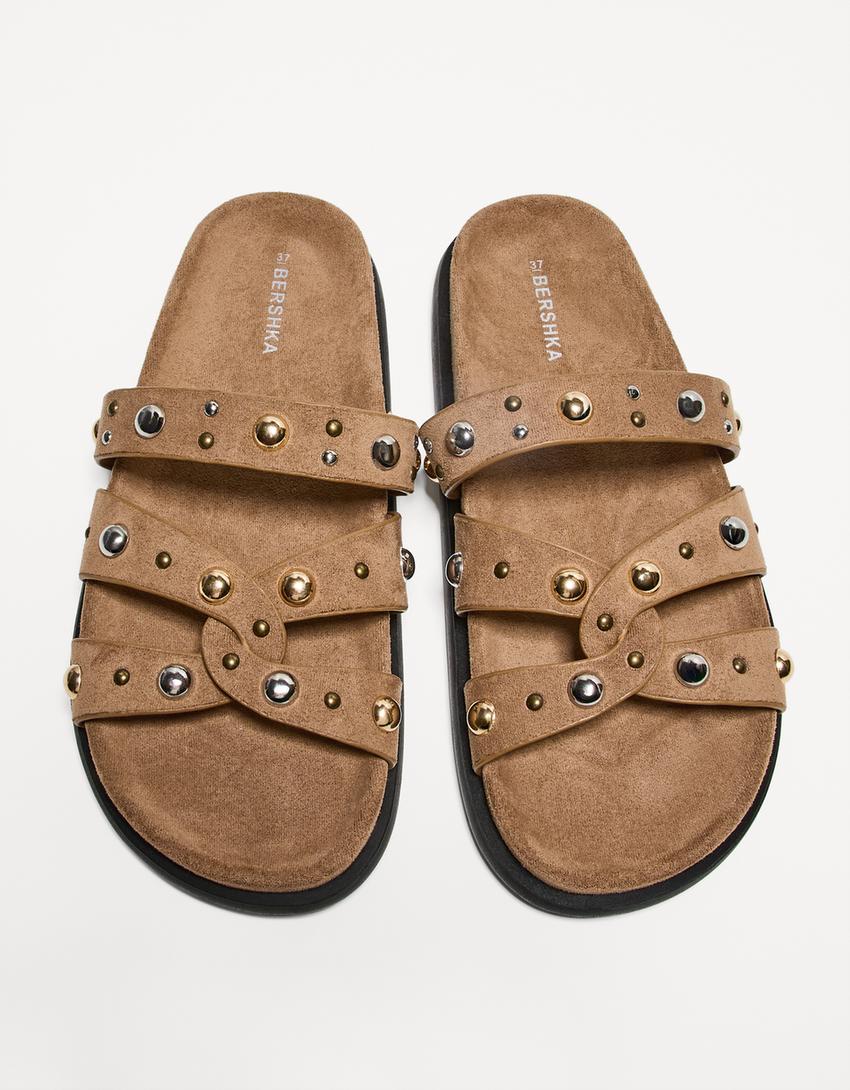 Studded flat sandals-Tan-4