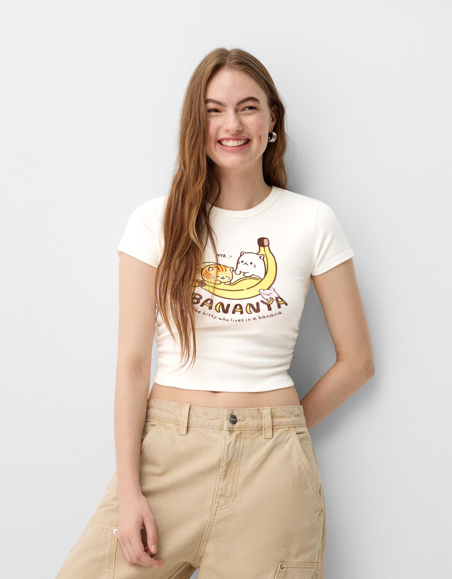 Bershka Maglietta Bananya A Maniche Corte Donna Xs Bianco Roto