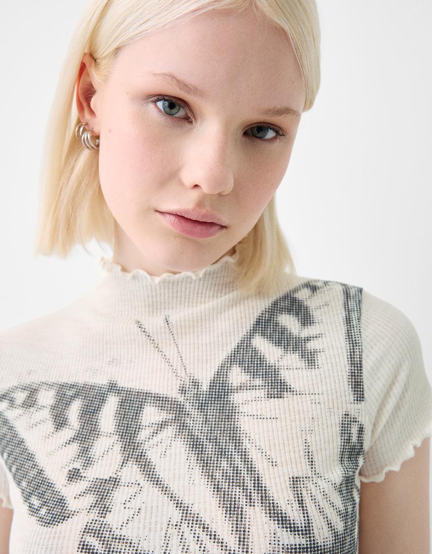 Short sleeve rustic T-shirt with print-Cream-2