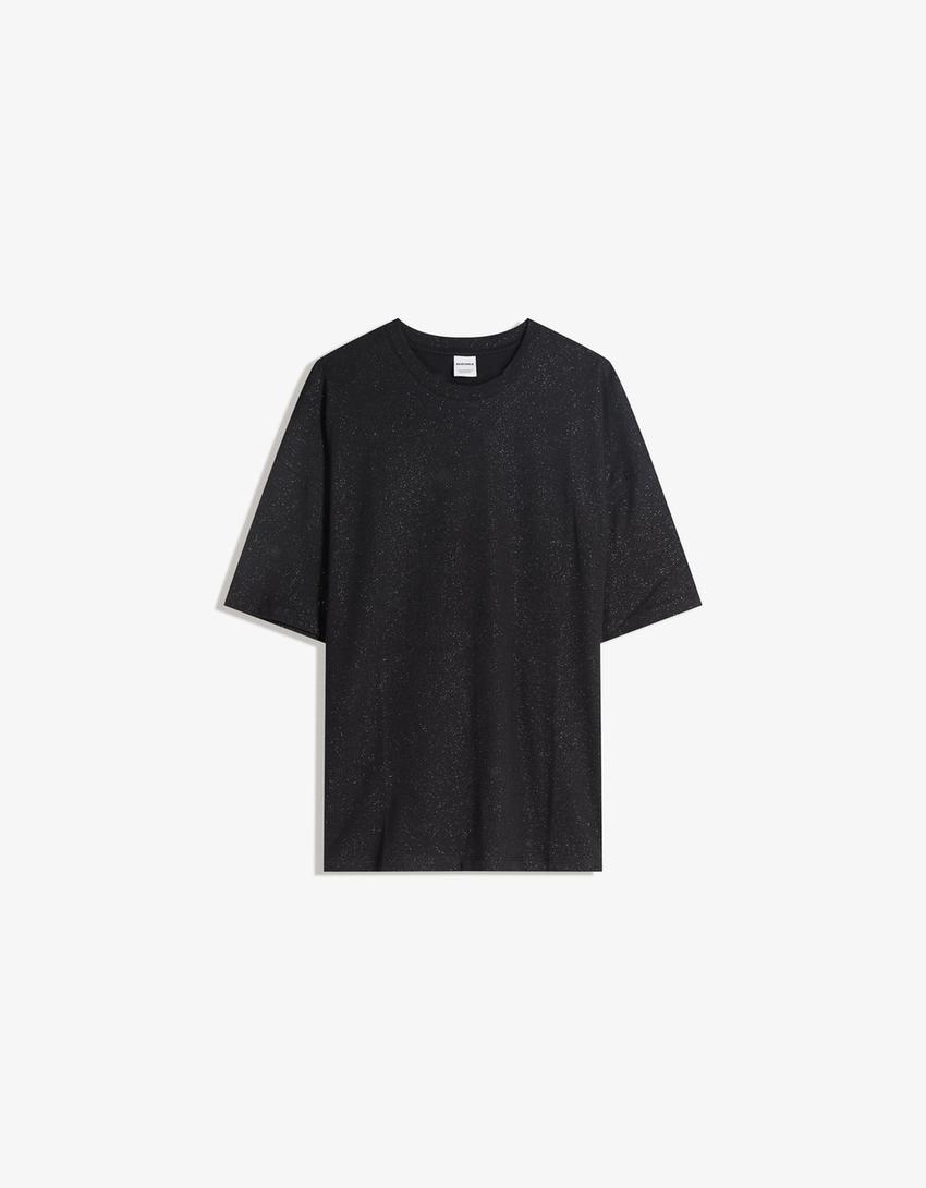 Camiseta manga curta oversize purpurina-Negro