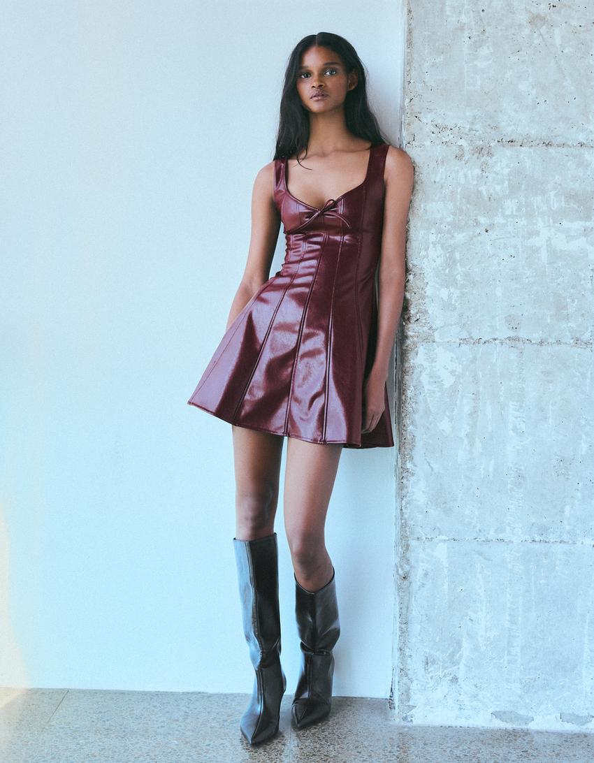 Faux leather sweetheart neckline strappy mini dress-Red