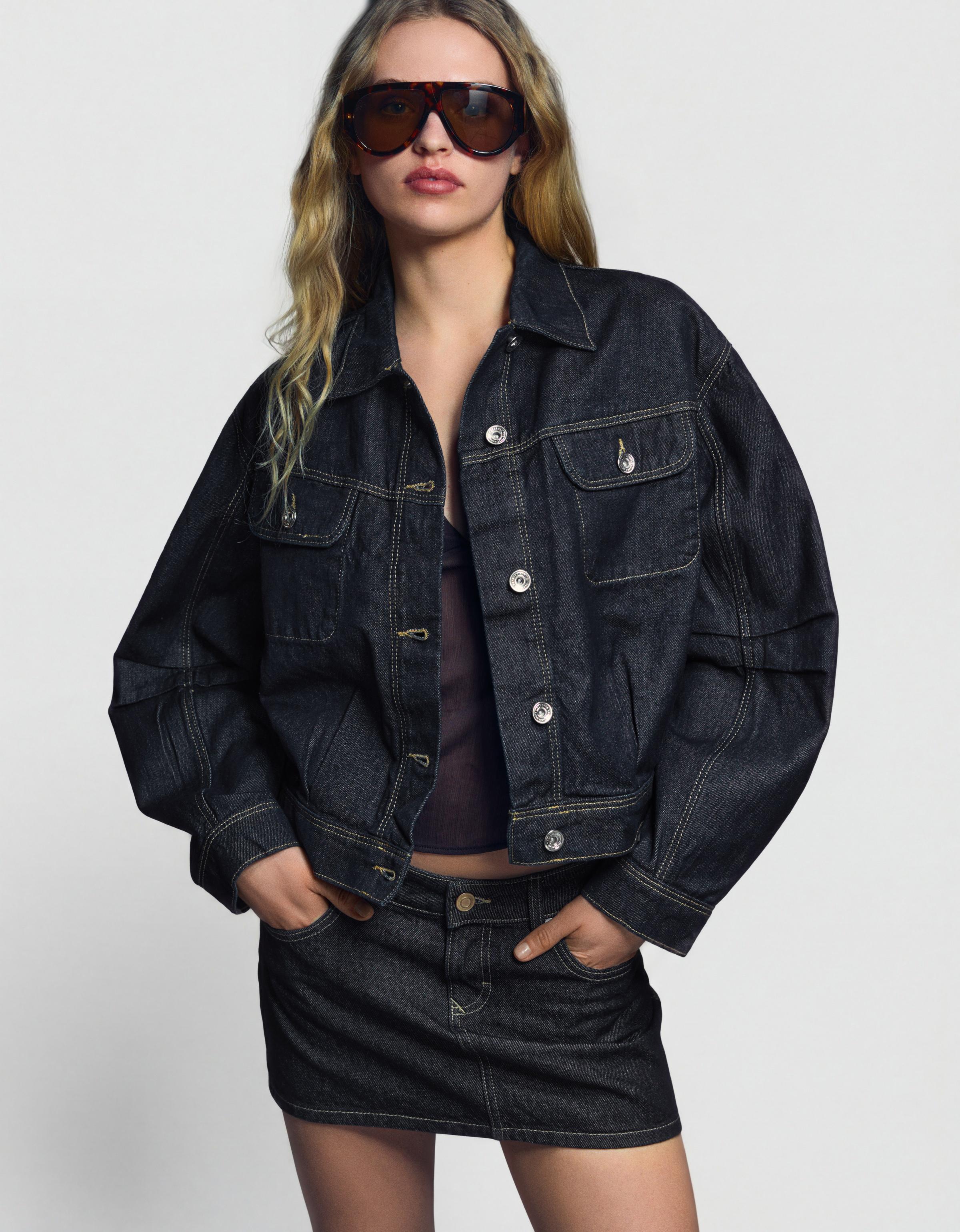 Cropped balloon denim jacket — Navy