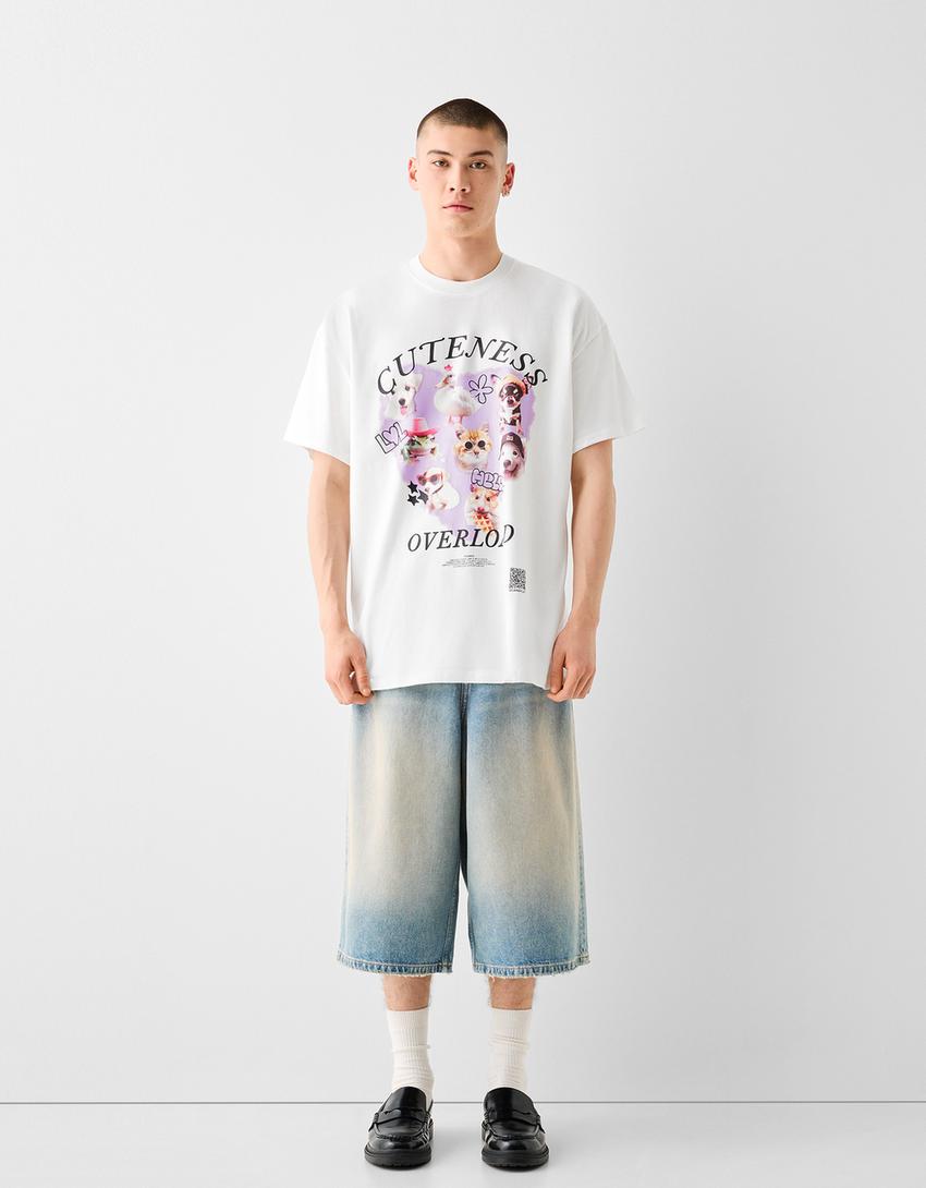 T-shirt Bershka Wearable Art oversize fit com estampado-Gelo-4