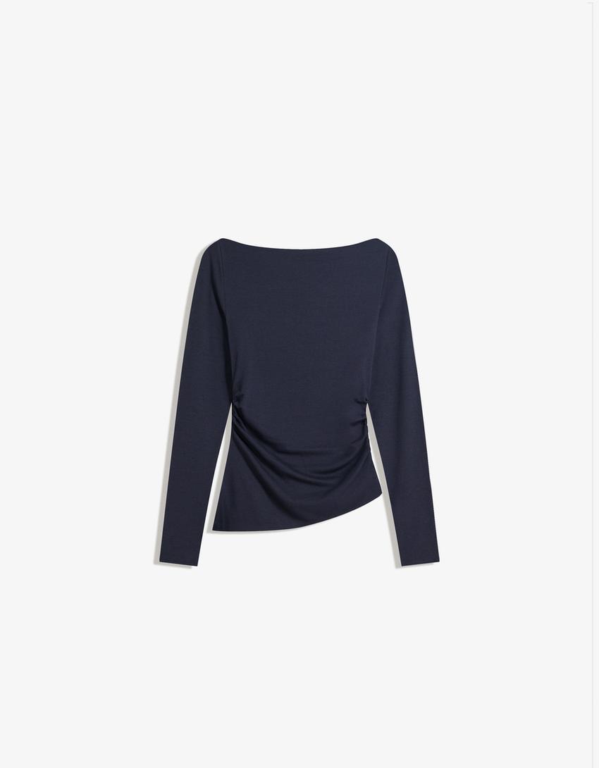 Langærmet, asymmetrisk T-shirt-Marineblå-3