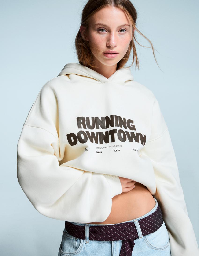 Sudadera oversize capucha print-Crudo