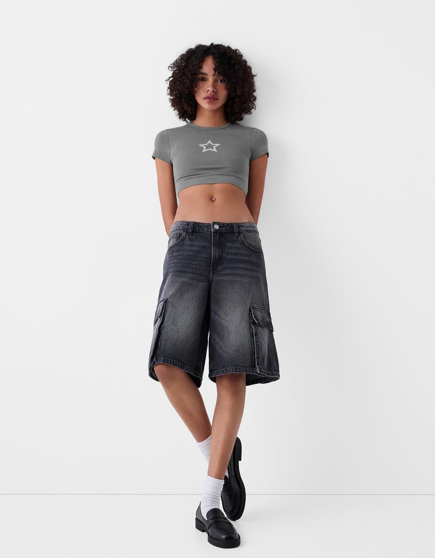 Desenli kısa kollu t-shirt-Gri-3