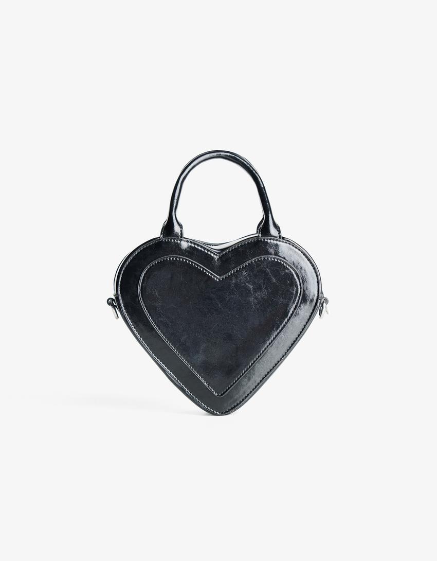 Leather effect heart bag with studs-Black