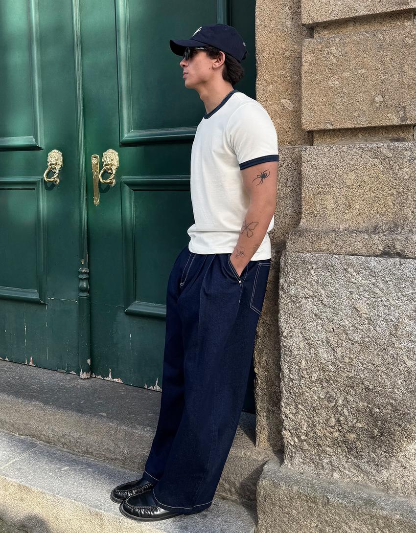 T-shirt manches courtes côtelé contrastant-Blanc cassé