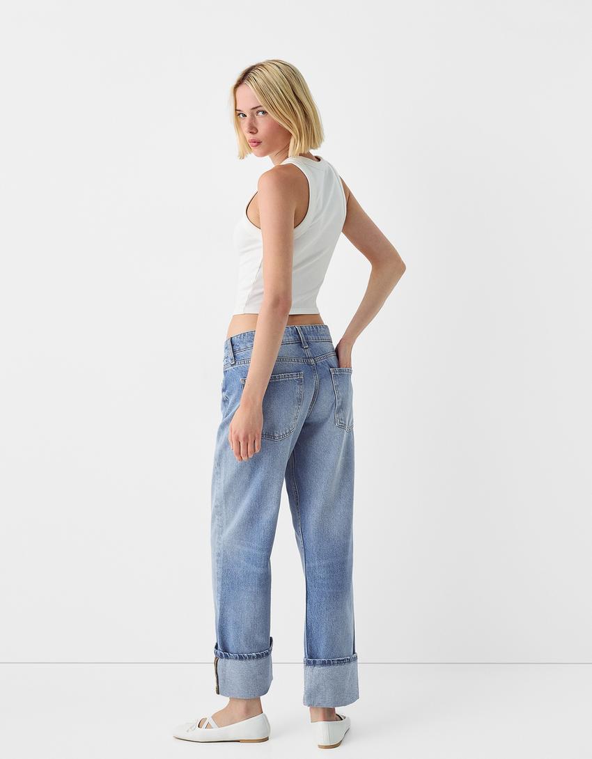 Cropped straight-leg jeans with turn-up hems-Light blue-2