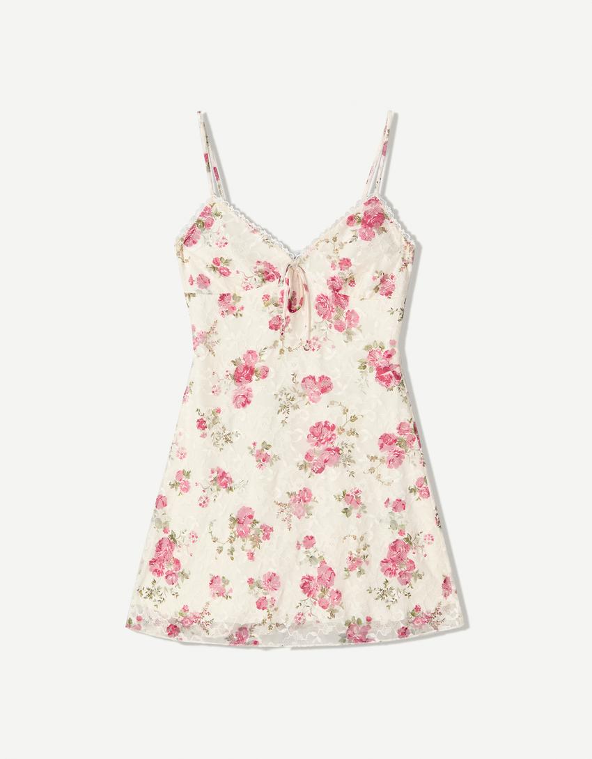 Printed blonde lace strappy mini dress-Cream