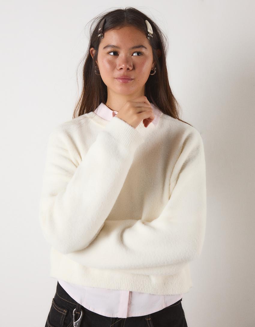 Cropped faux fur jumper-Cream