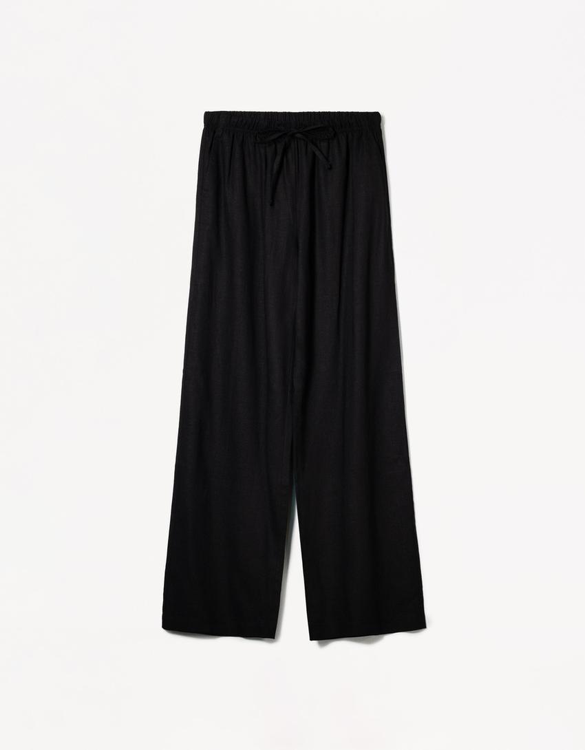 Linen blend trousers with an elasticated waistband-Black