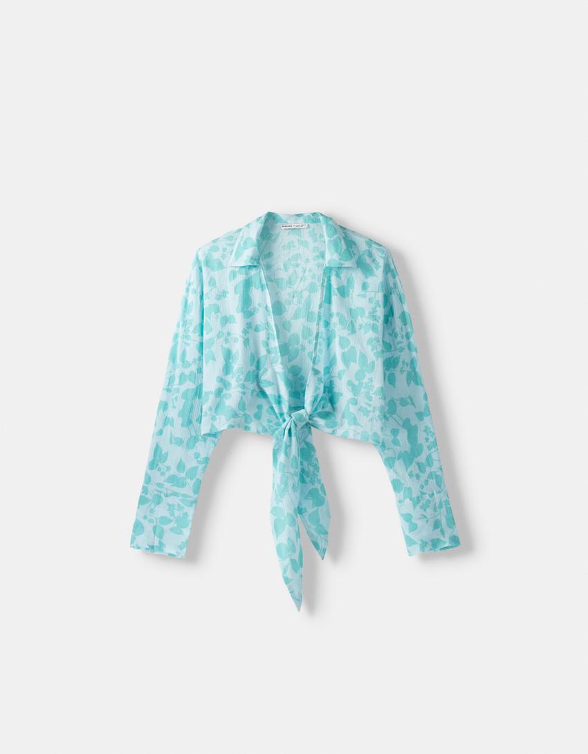 قميص كريب بطبعة وأكمام طويلة-فيروزي-4