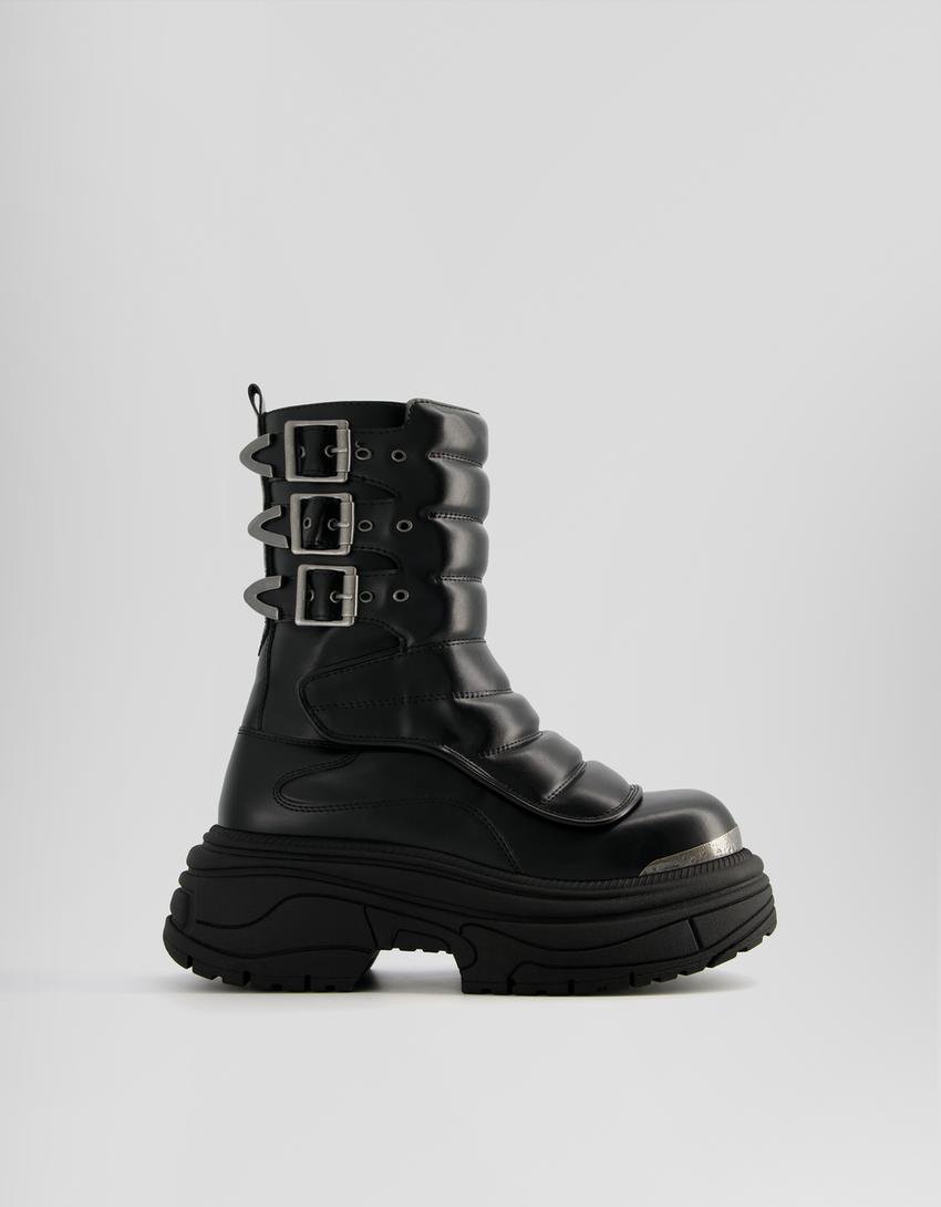 Men’s quilted platform ankle boots with buckles-BLACK