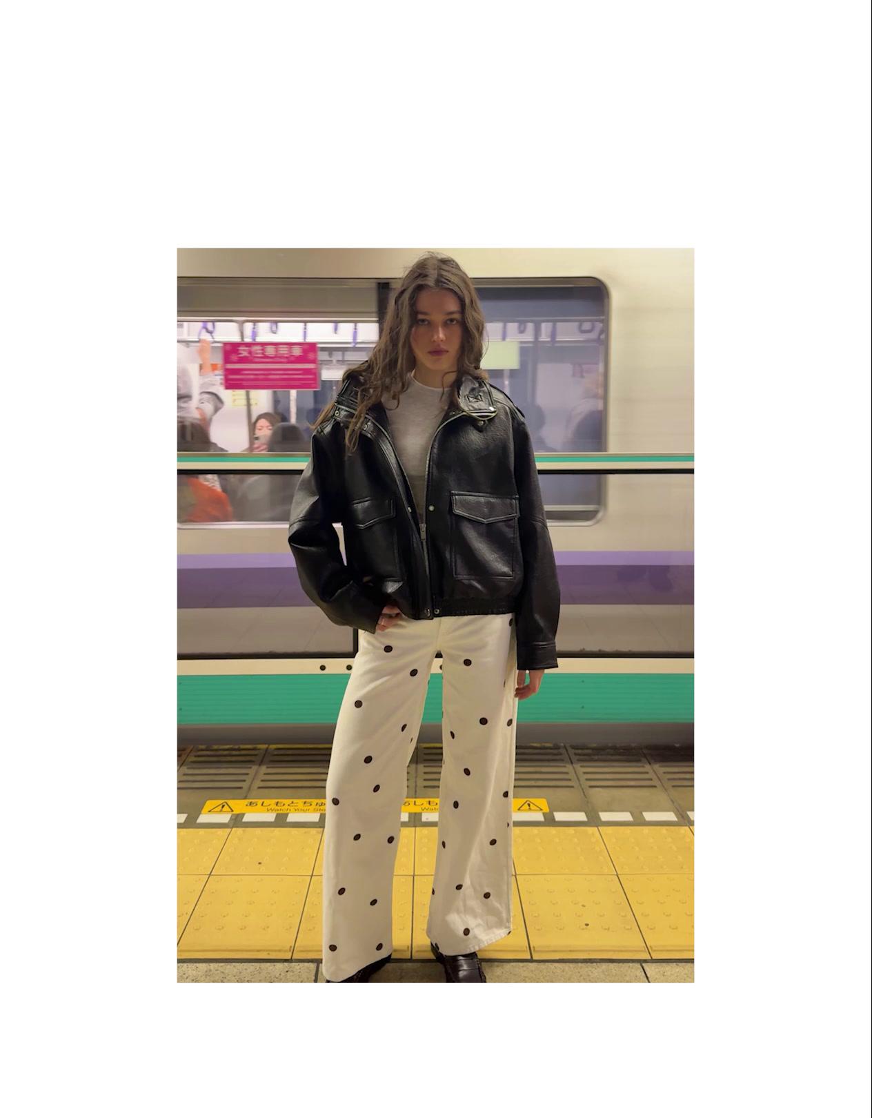 Puantiye desenli geniş paça jean - Görsel 10