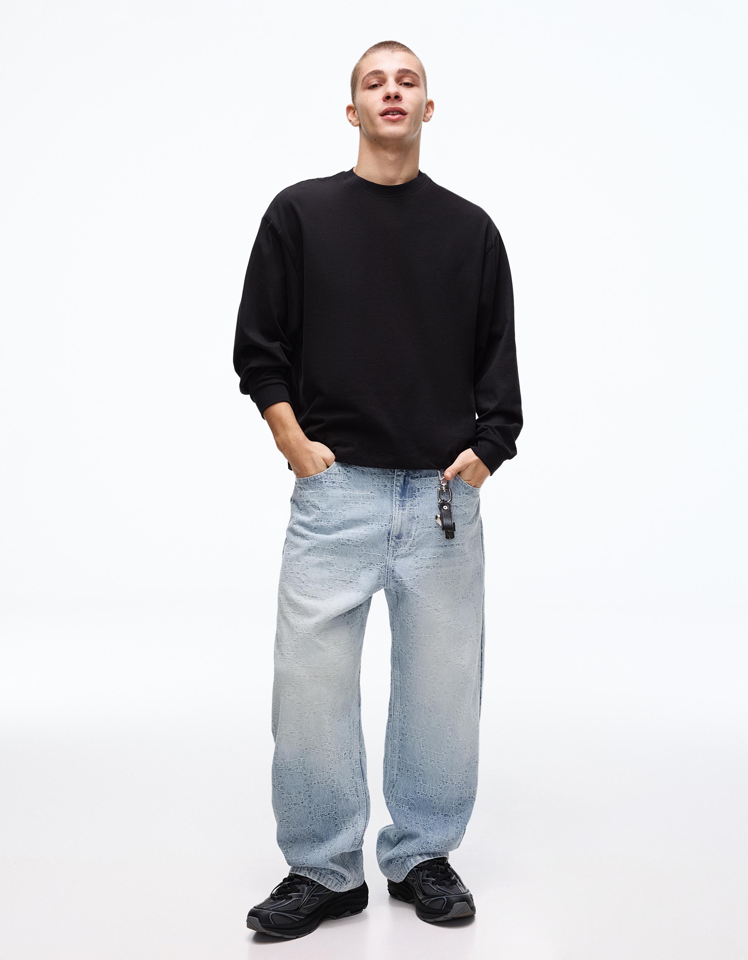 Bershka Jacquard-Baggy-Jeans Herren 46 Ausgewaschenes Blau