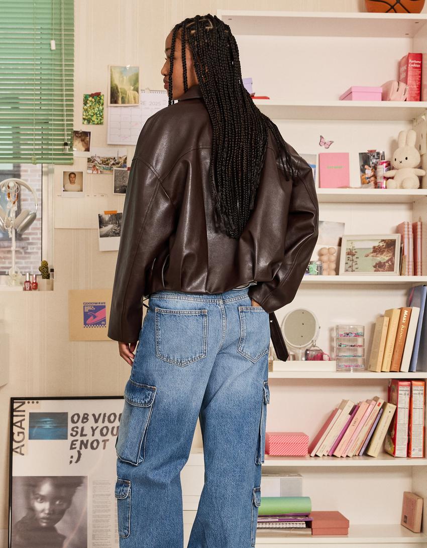 Jeans wide leg cargo-Azul lavado