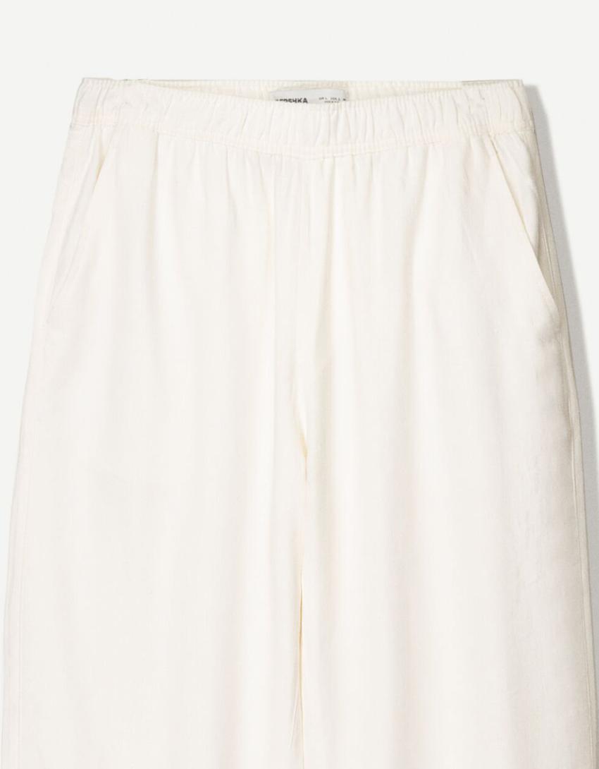 بنطلون رياضي بمزيج كتاني وساق عريضة-أبيض