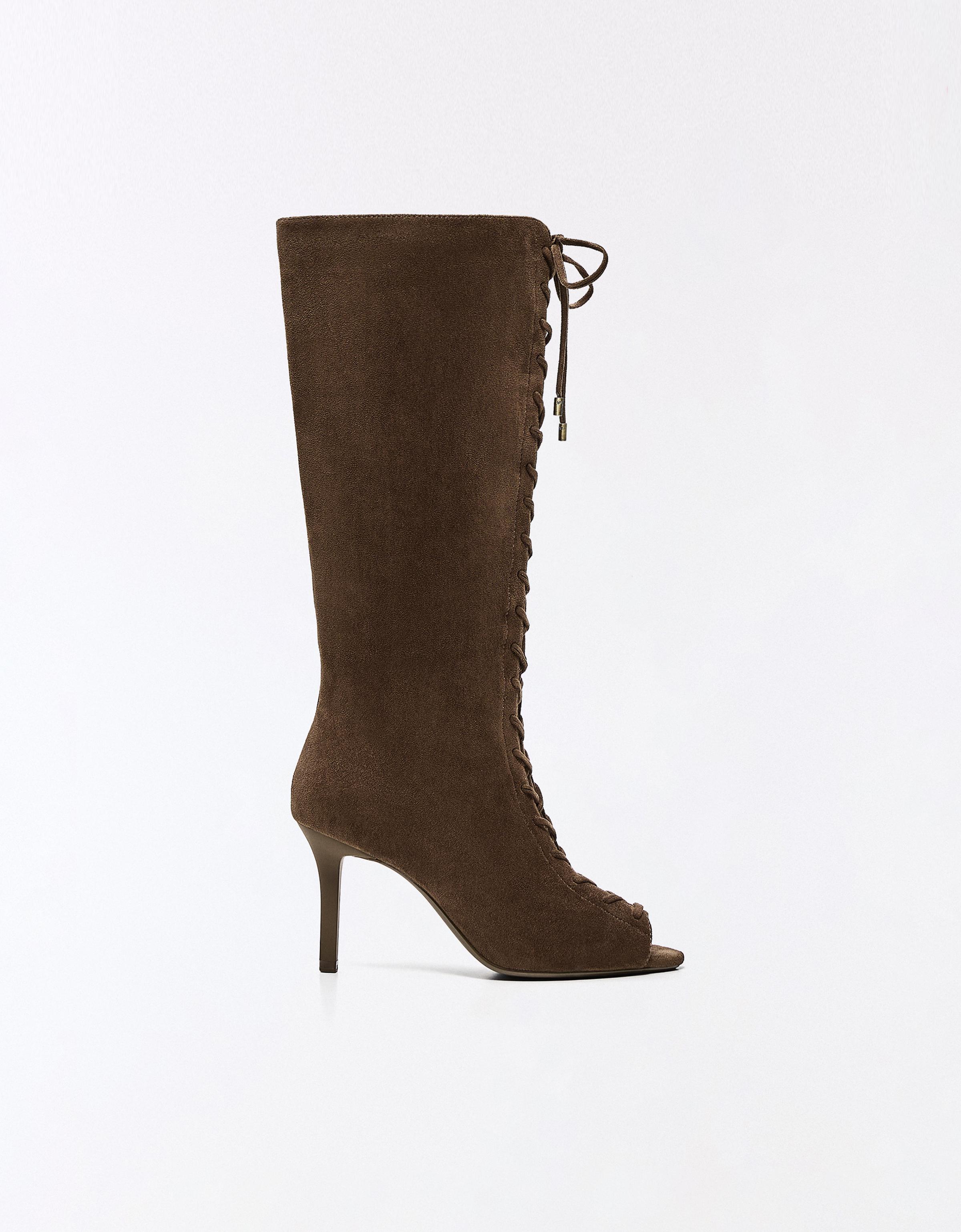 CORSET PEEP TOE HEEL BOOTS — Tan
