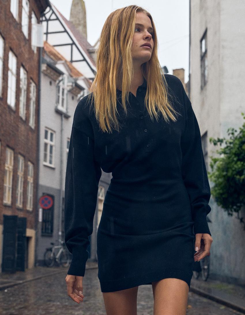 Vestido mini com gola de polo-Preto