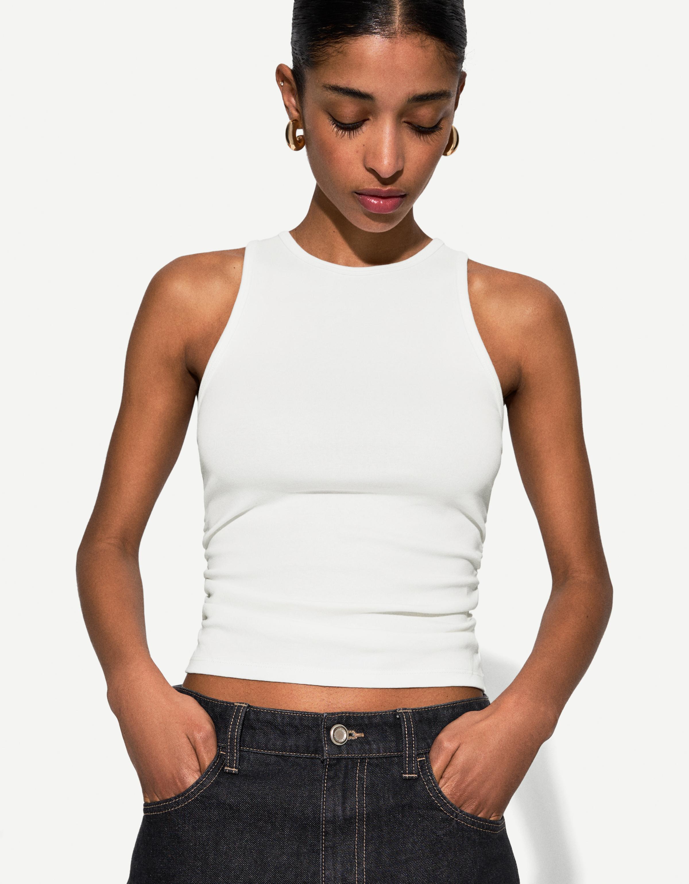 Bershka Trägershirt Mit Raffung Damen M Grbrochenes Weiss