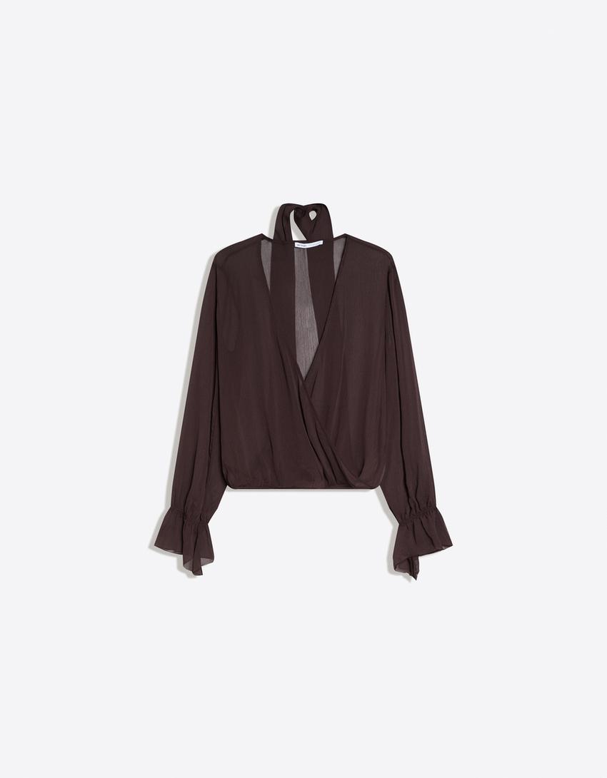 Bluza dugih rukava na preklop s maramom-Smeđa