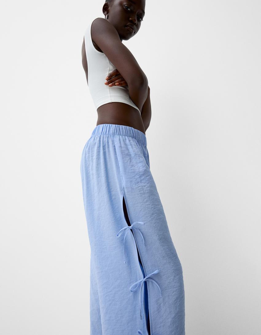 Flowing pants with side ties-Light blue-3