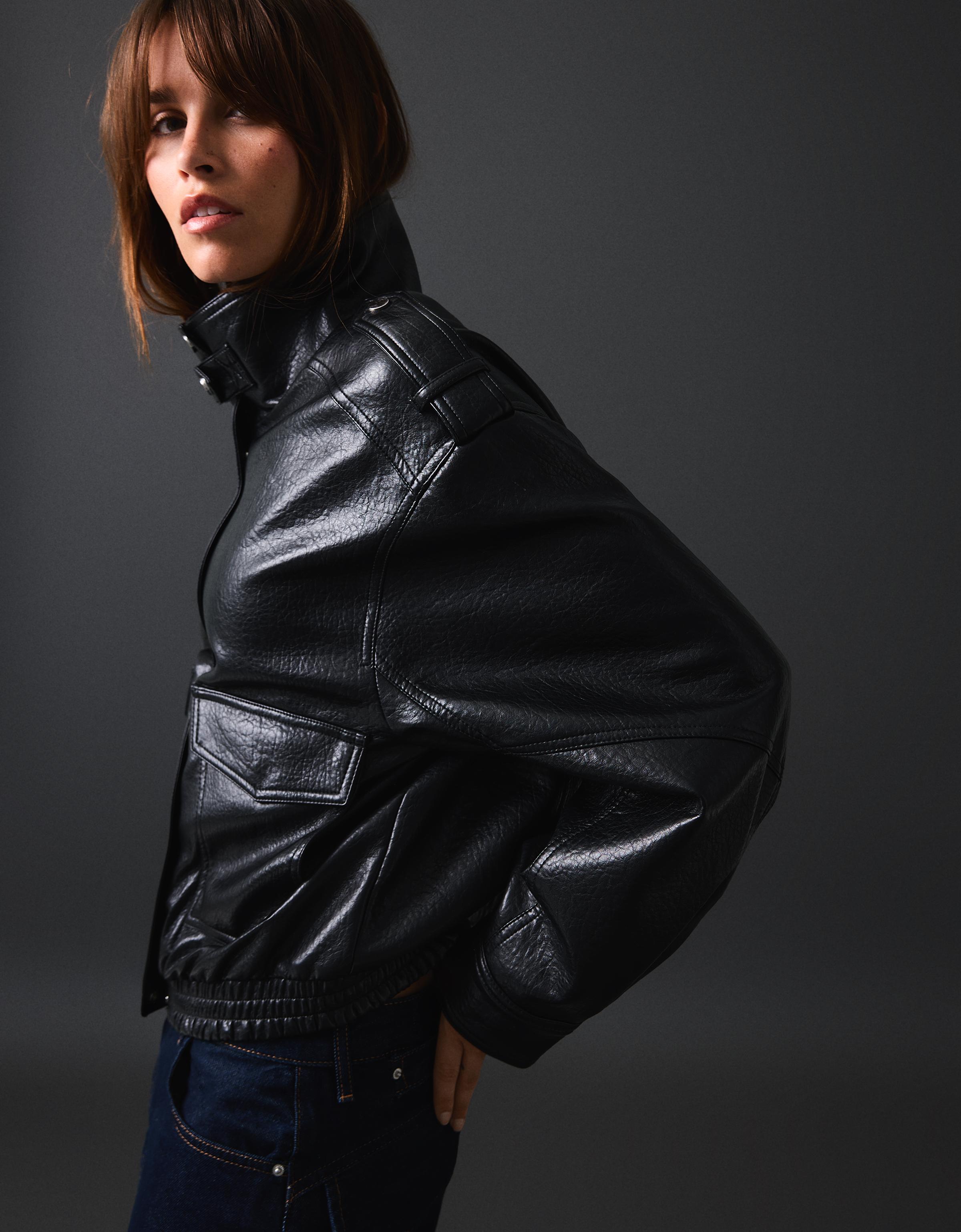 Leather effect funnel neck jacket — Black