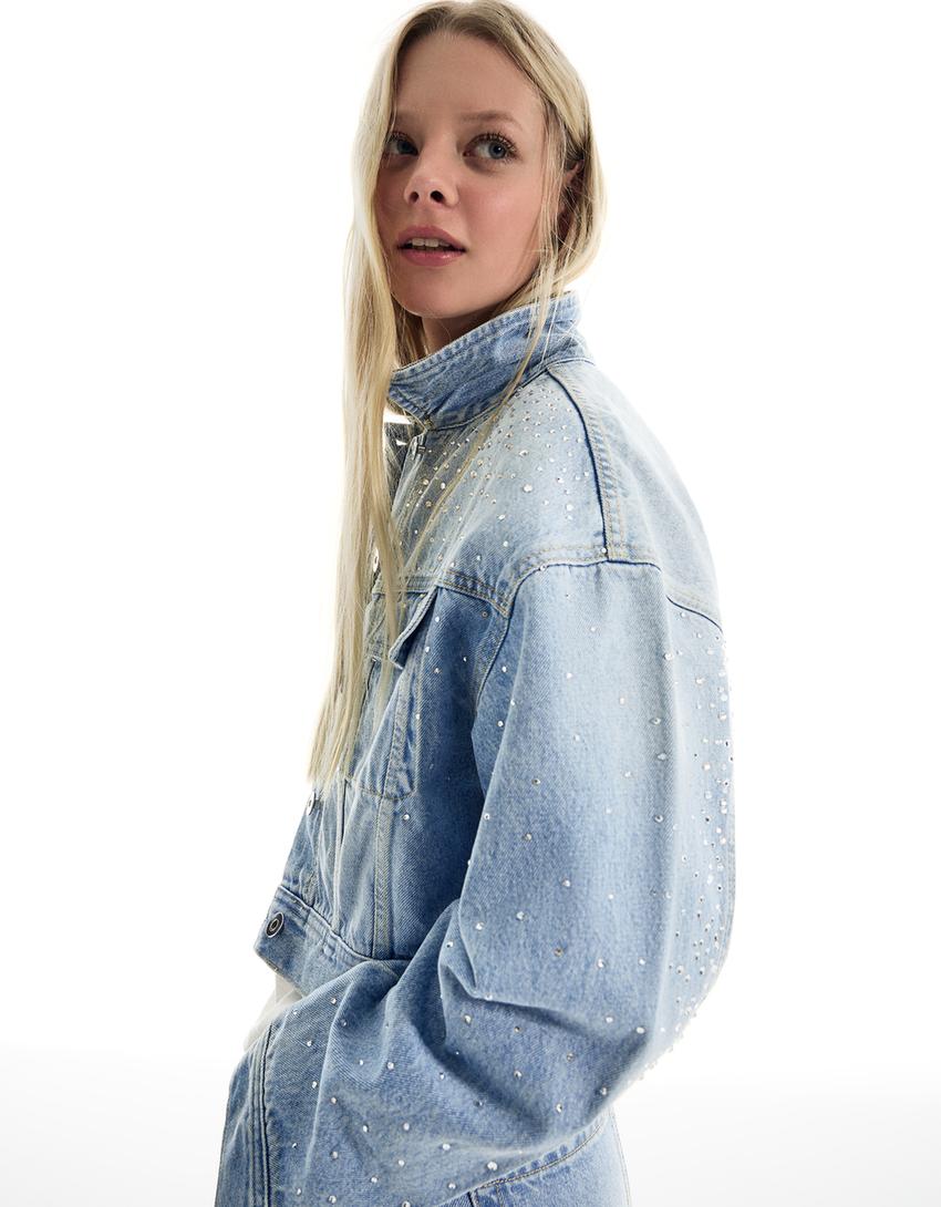 Shimmery cropped denim jacket-Light blue