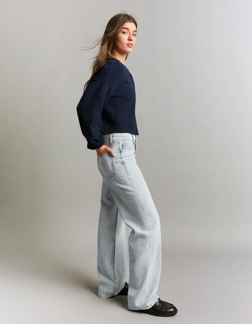 Jeans baggy taille moyenne-Bleu lavé