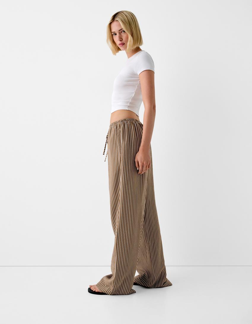 Straight-leg striped trousers with elasticated waist-Brown-3