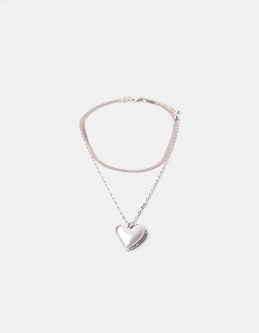 طقم من 2 عقود من اللؤلؤ الصناعي على شكل قلب وثعبان-فضي-4