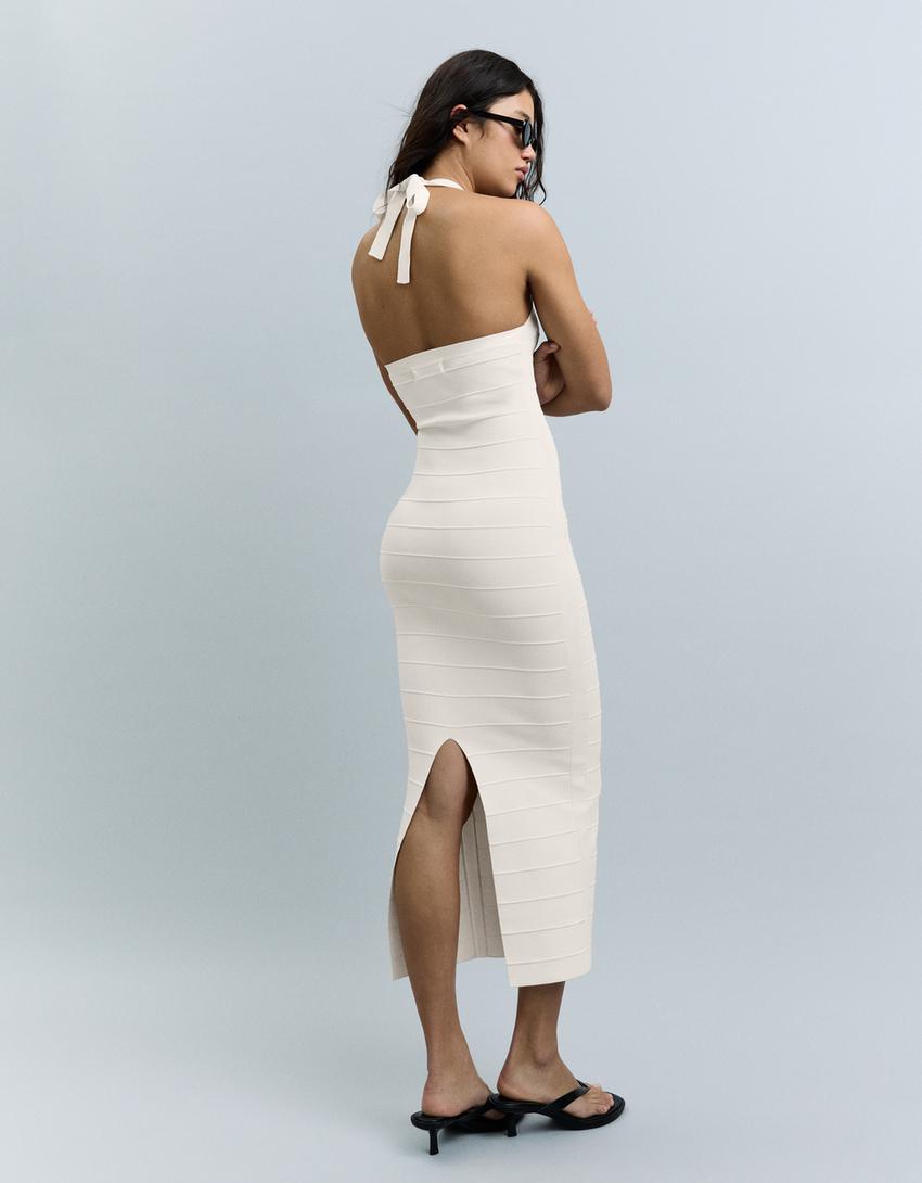 Halter yaka midi elbise-Krem