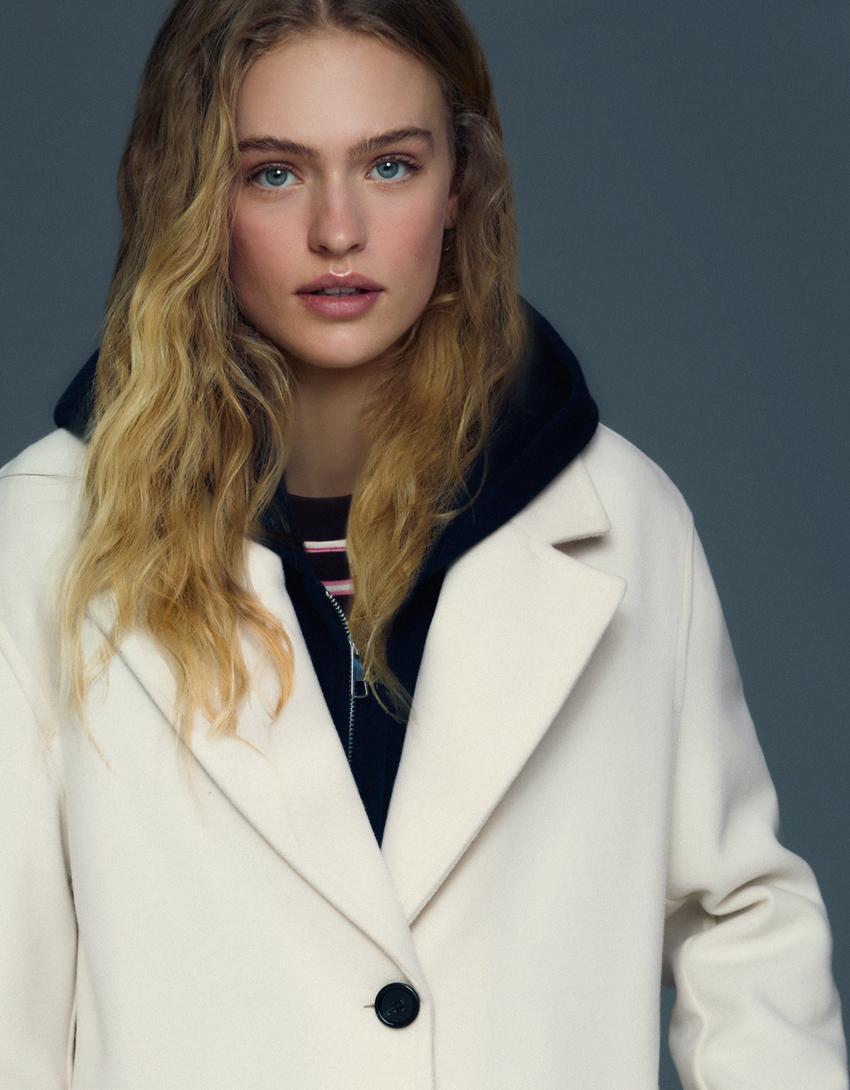 Yumuşak dokulu uzun palto-Kirli beyaz