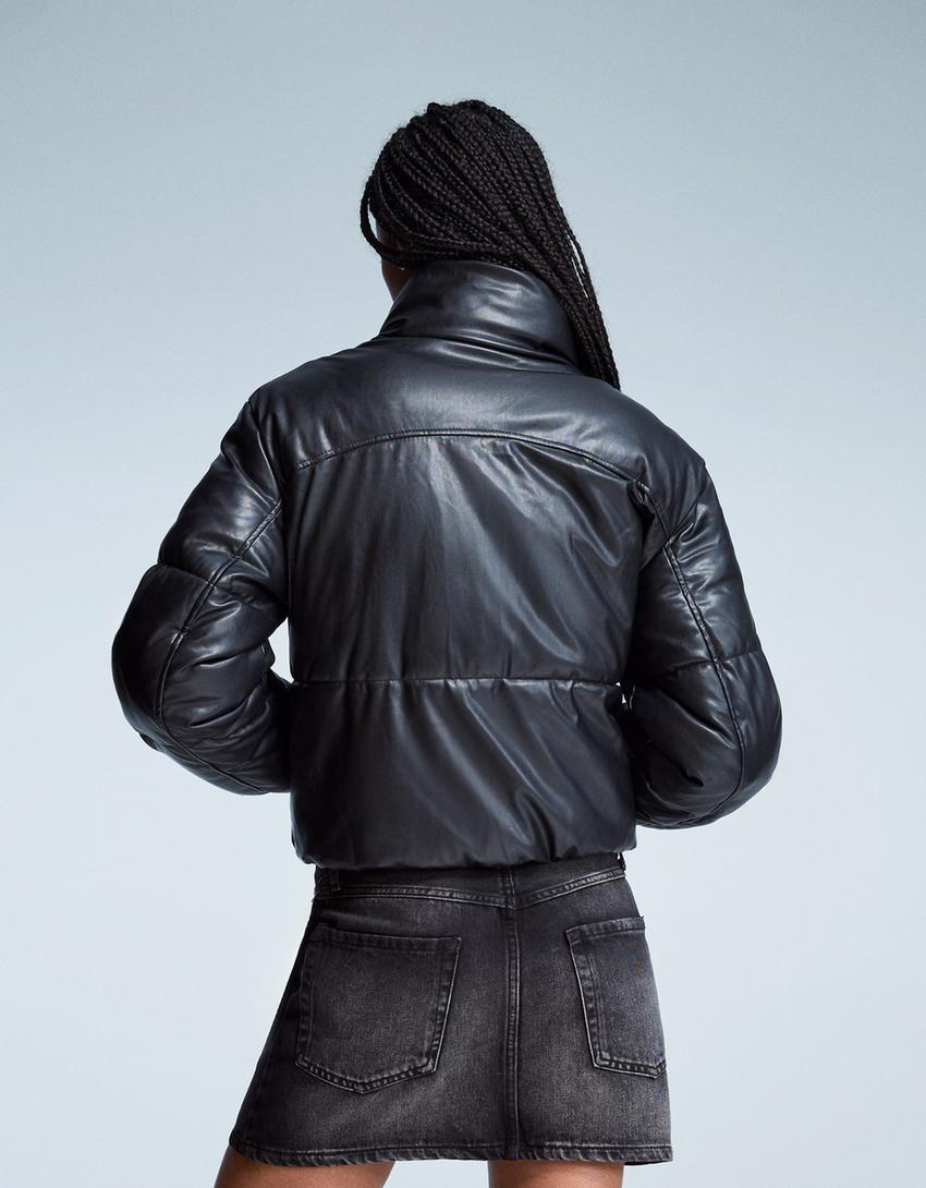 Leather effect puffer jacket-Black