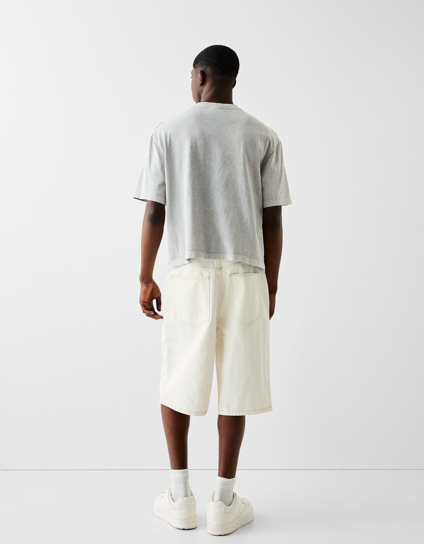 T-shirt manga curta boxy fit cropped efeito lavado-Cinza-1