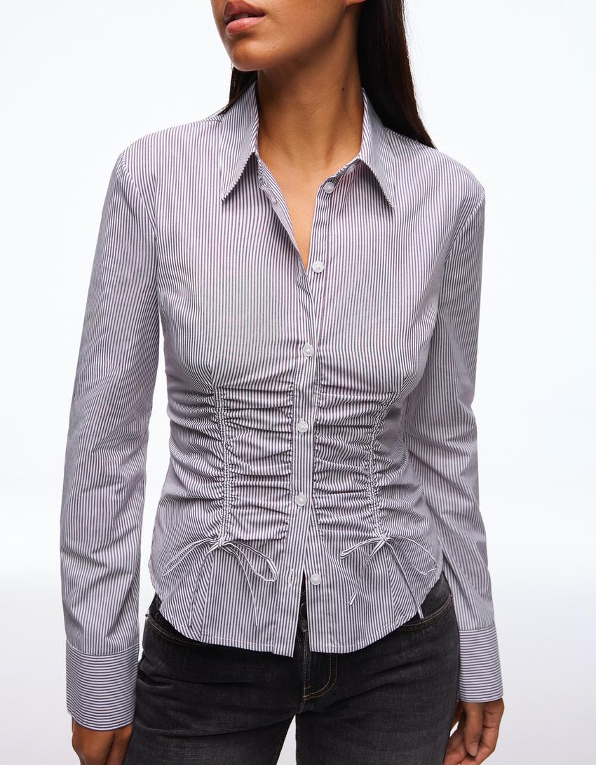 Gathered poplin shirt-Brown