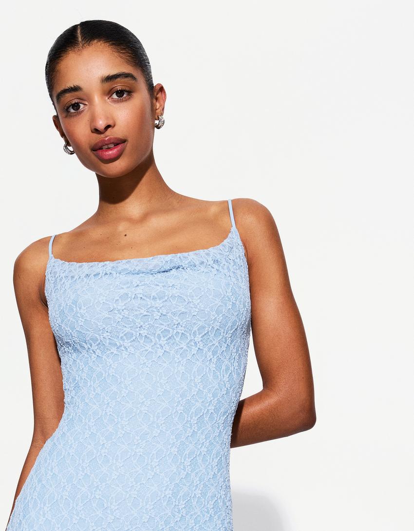 Vestido midi blonda encaje-Azul claro