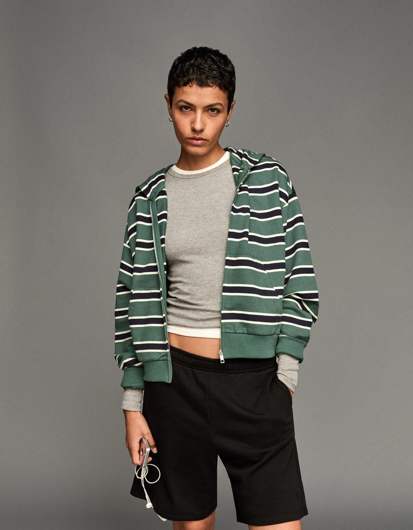 Striped hoodie with zip-Green-0