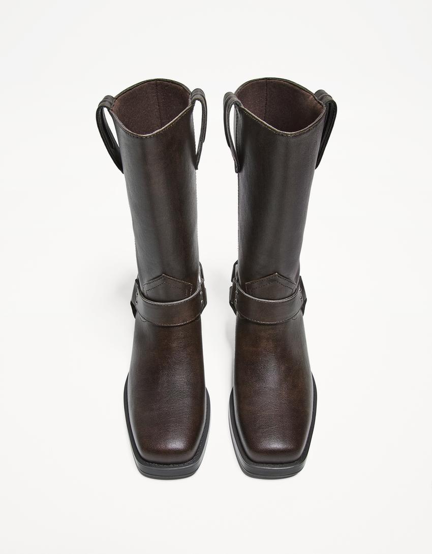 Mid-calf flat biker boots-Brown