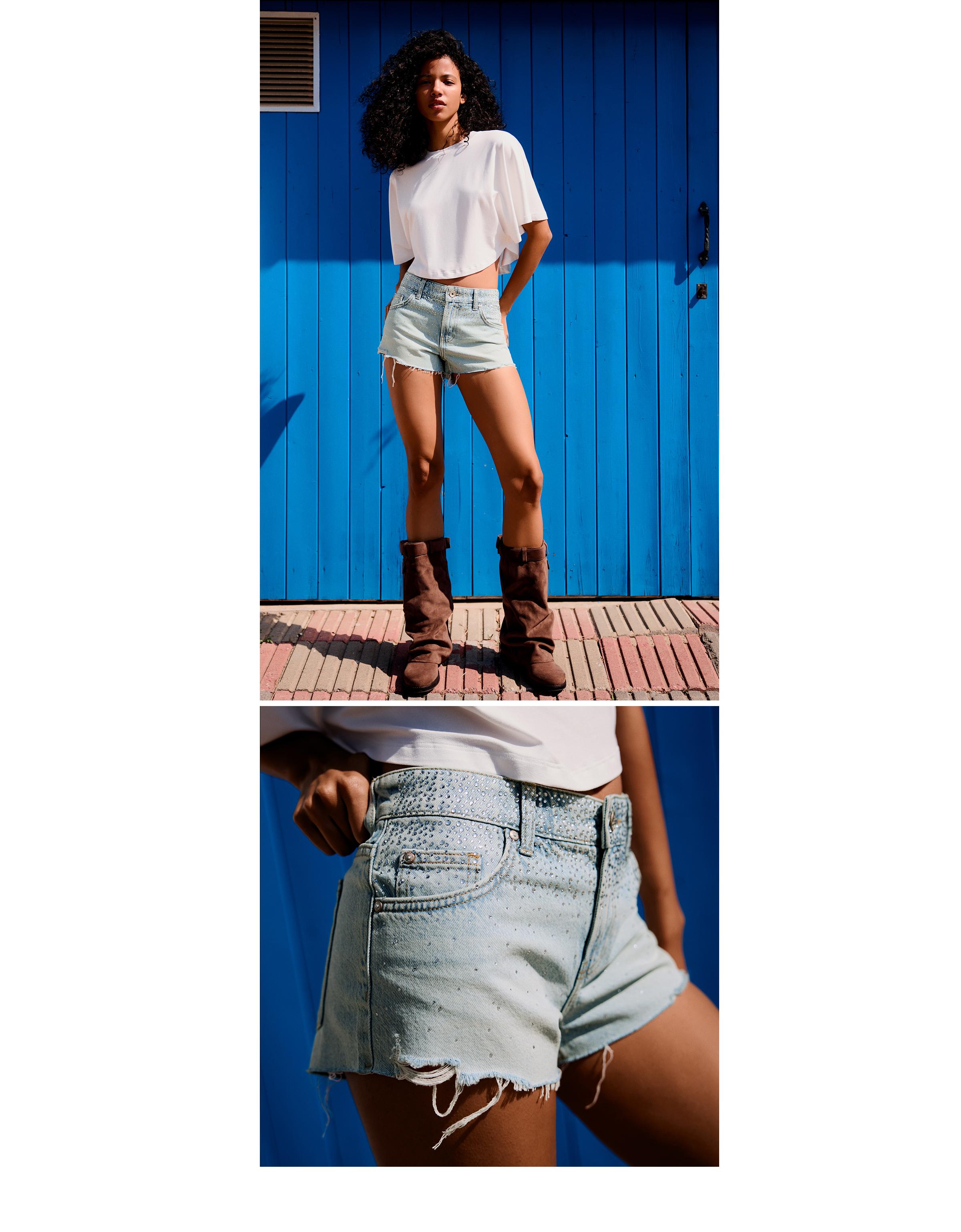Shimmery denim shorts — Light blue