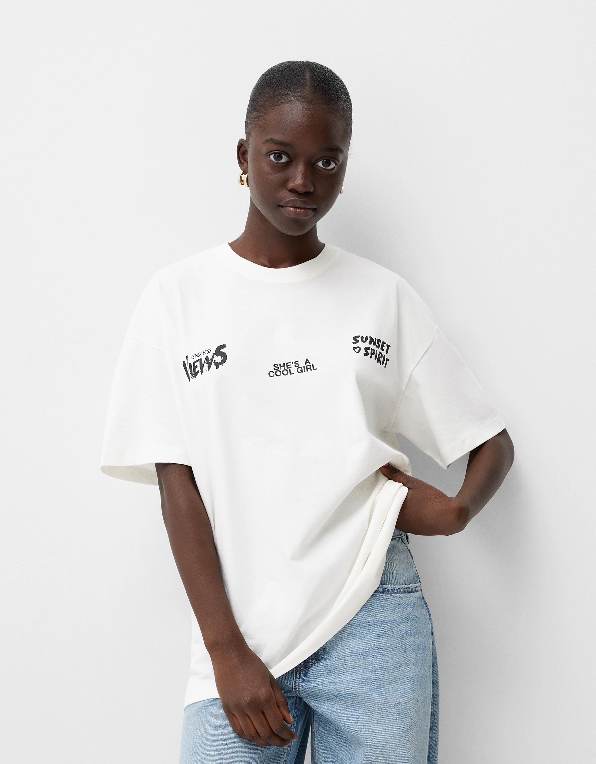 Bershka T-Shirt Mit Print Damen L Rohweiß