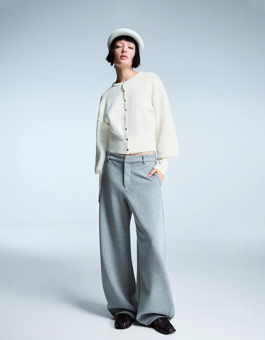 Cardigan justo com nervuras-Cru
