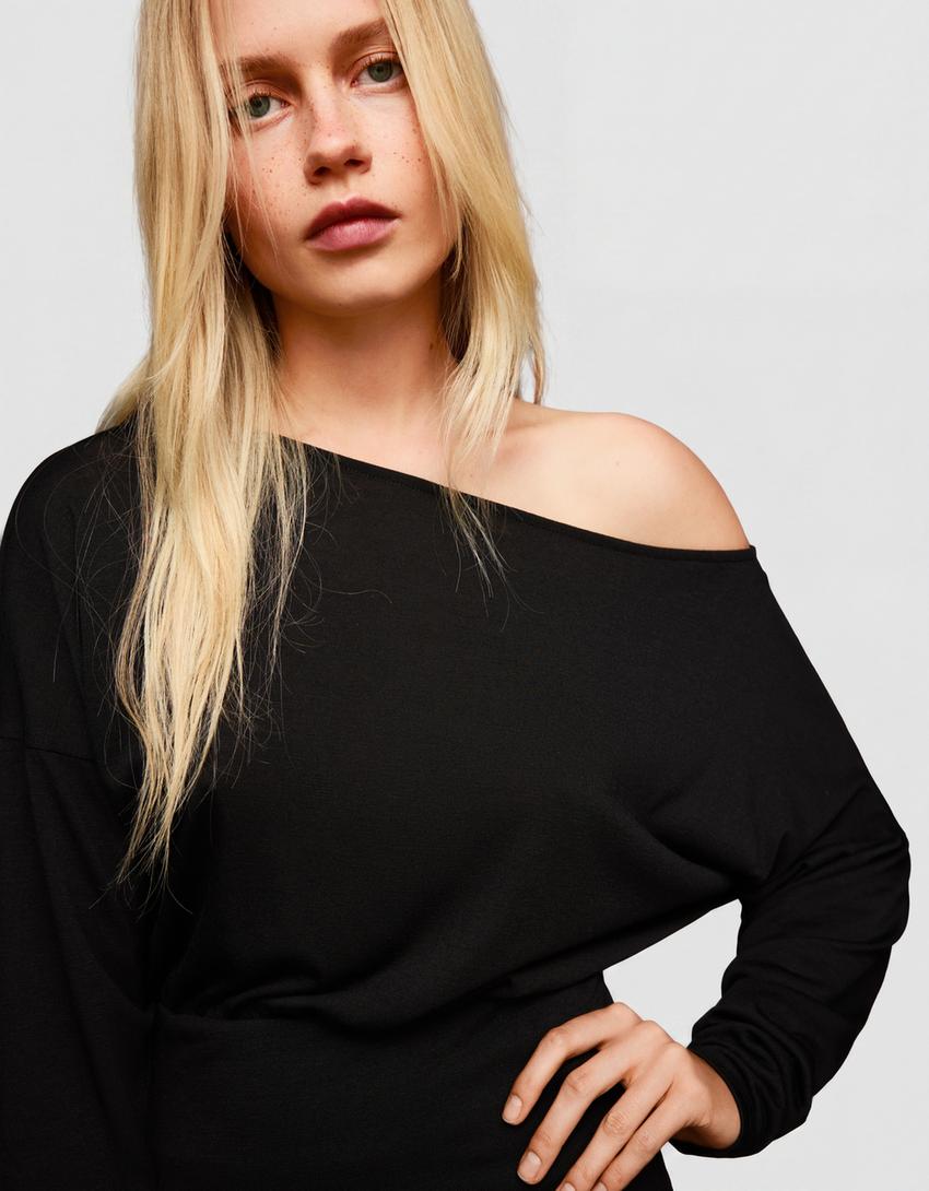 Tricou mânecă lungă betelie decolteu barcă-Negru