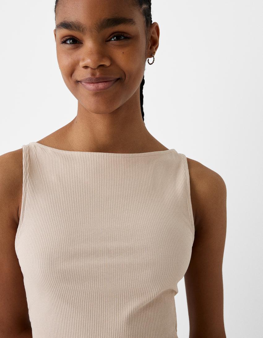 Sleeveless ribbed T-shirt-Camel-5