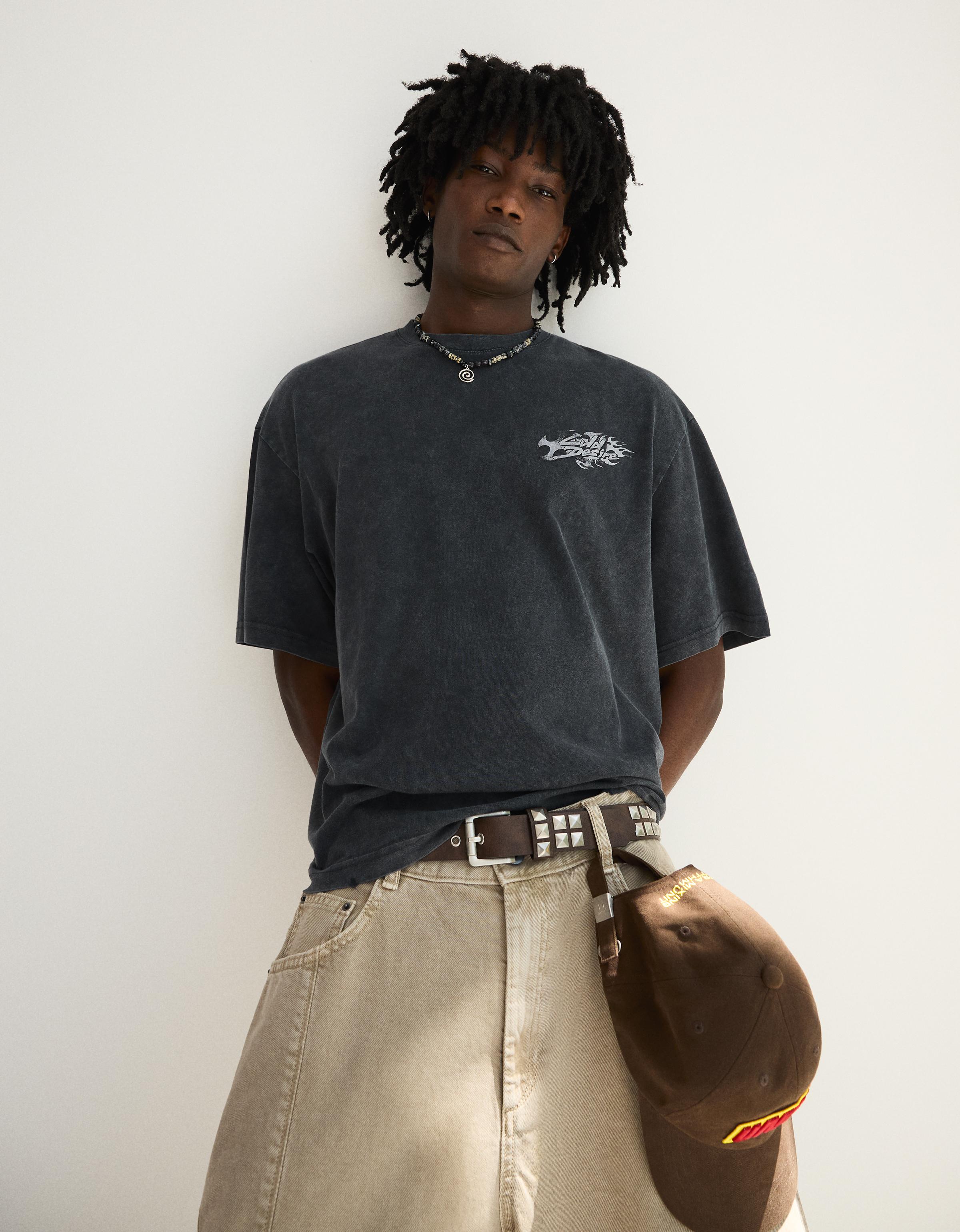 Washed boxy fit print T-shirt — Black