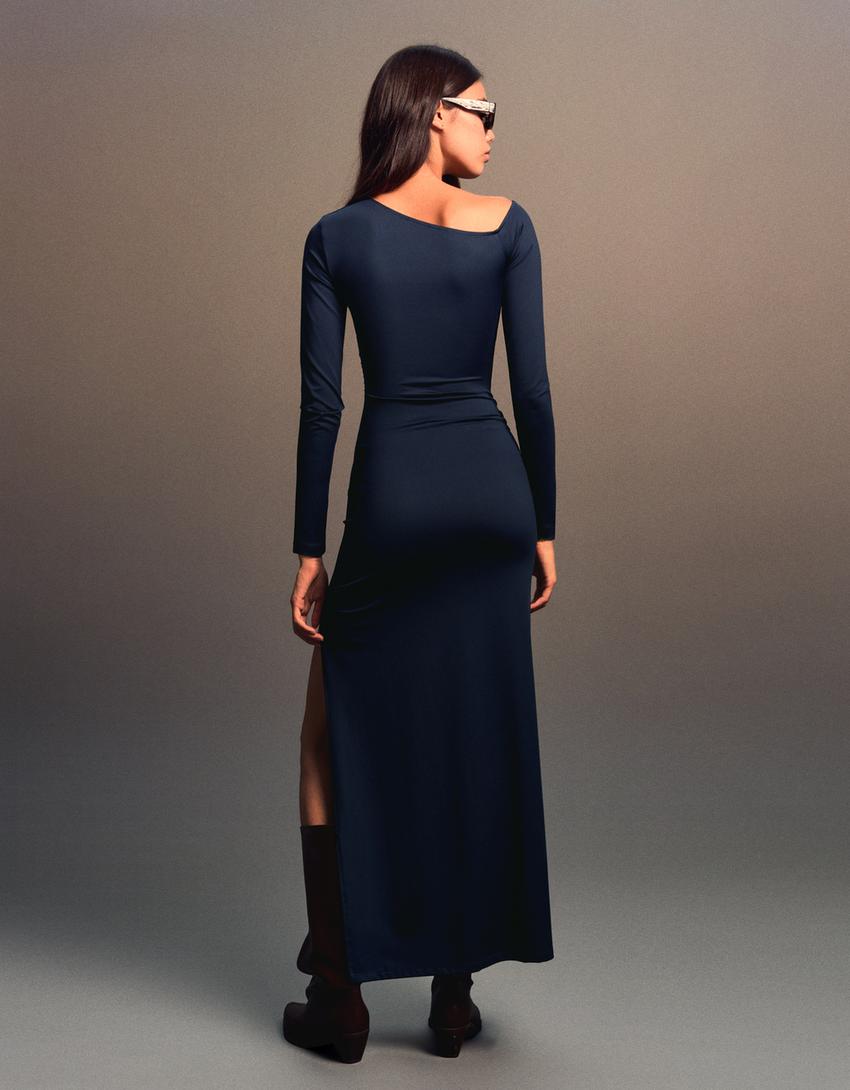 Asymmetrisches Midikleid mit langen Ärmeln-Marinenblau-1