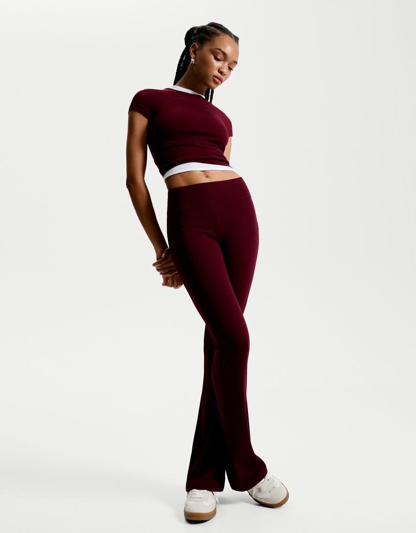 Flared broek met geribbelde taille-Bordeaux-0